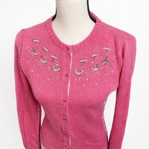 Jordache Girls XL or Women S  Flamingo Pink Embellished Cardigan Sweater